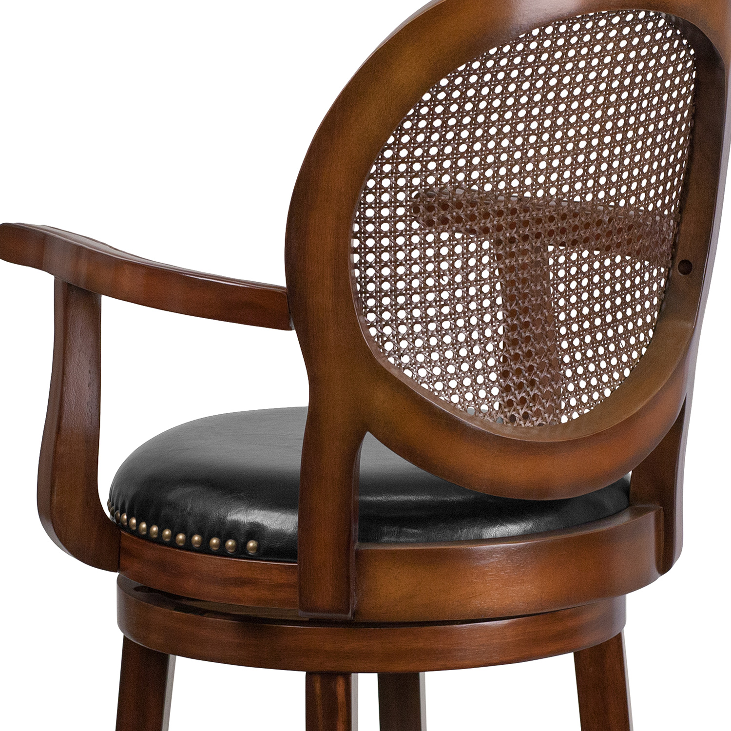 BLNK - Victor Expresso Wood Counter Height Stool with Arms, Woven Rattan Back and Black Swivel Seat