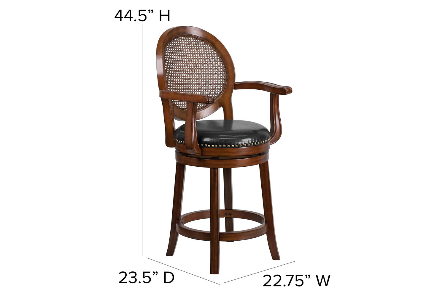 BLNK - Victor Expresso Wood Counter Height Stool with Arms, Woven Rattan Back and Black Swivel Seat