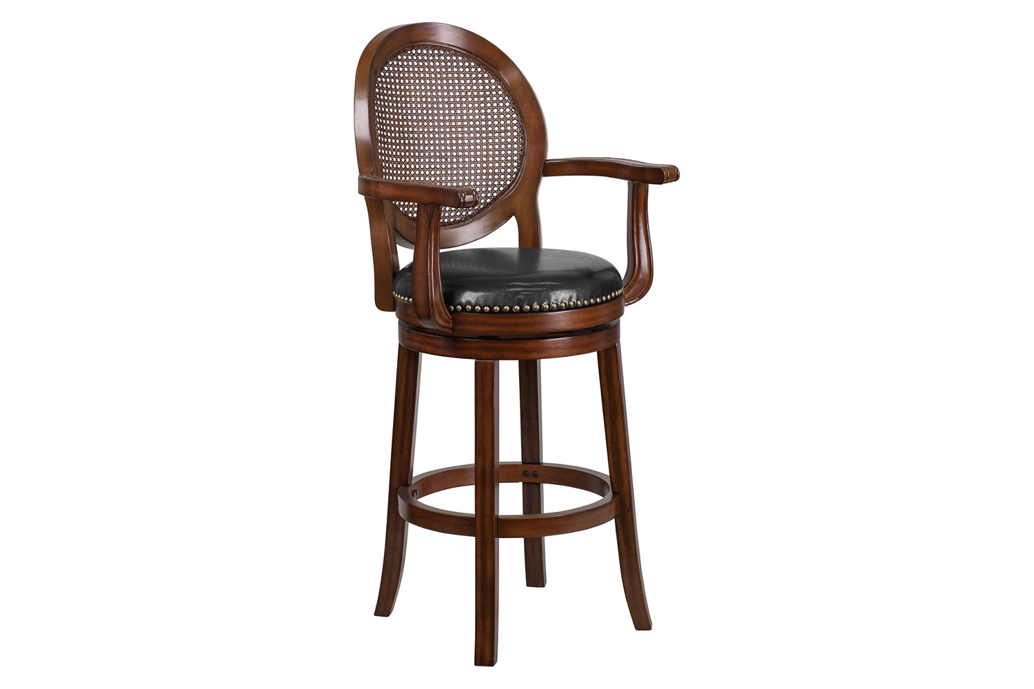 BLNK - Victor Expresso Wood Bar Stool with Arms, Woven Rattan Back and Black Swivel Seat