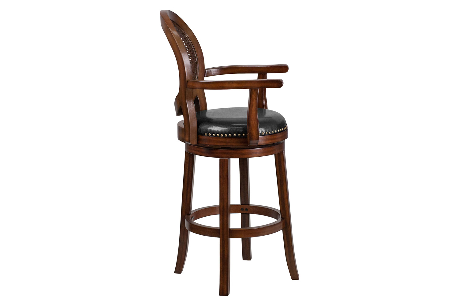 BLNK - Victor Expresso Wood Bar Stool with Arms, Woven Rattan Back and Black Swivel Seat