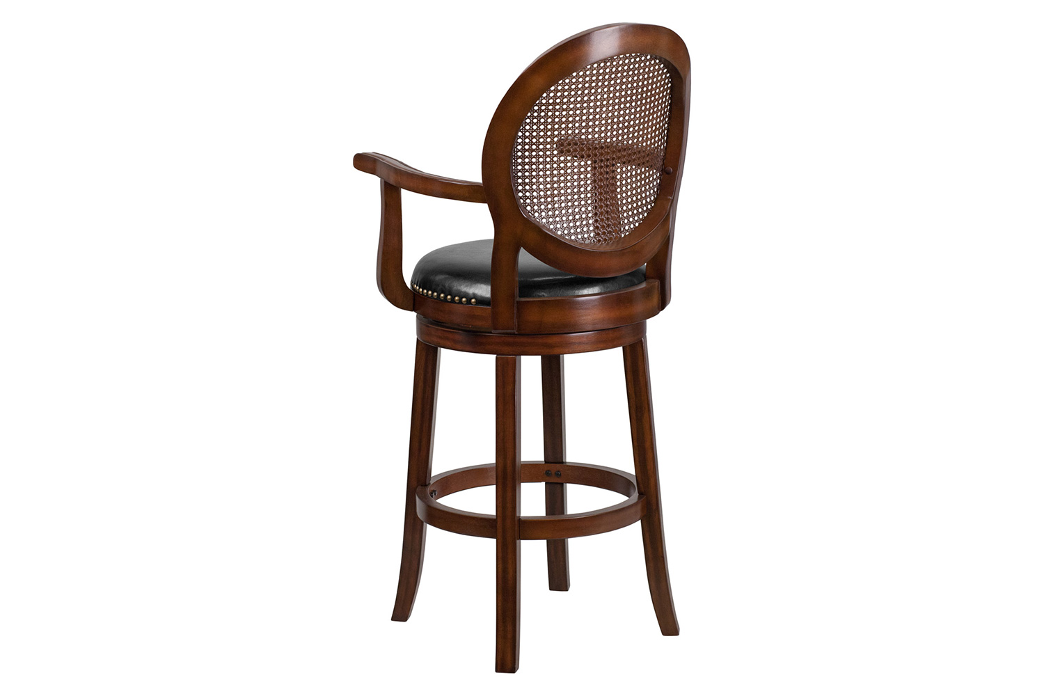 BLNK - Victor Expresso Wood Bar Stool with Arms, Woven Rattan Back and Black Swivel Seat