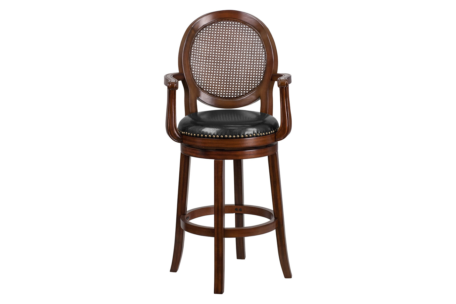 BLNK - Victor Expresso Wood Bar Stool with Arms, Woven Rattan Back and Black Swivel Seat