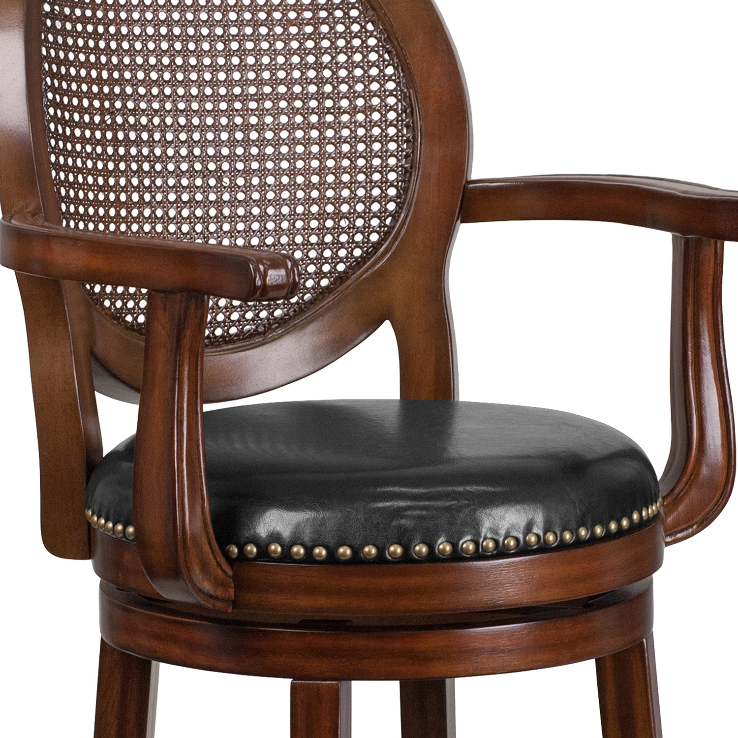 BLNK - Victor Expresso Wood Bar Stool with Arms, Woven Rattan Back and Black Swivel Seat