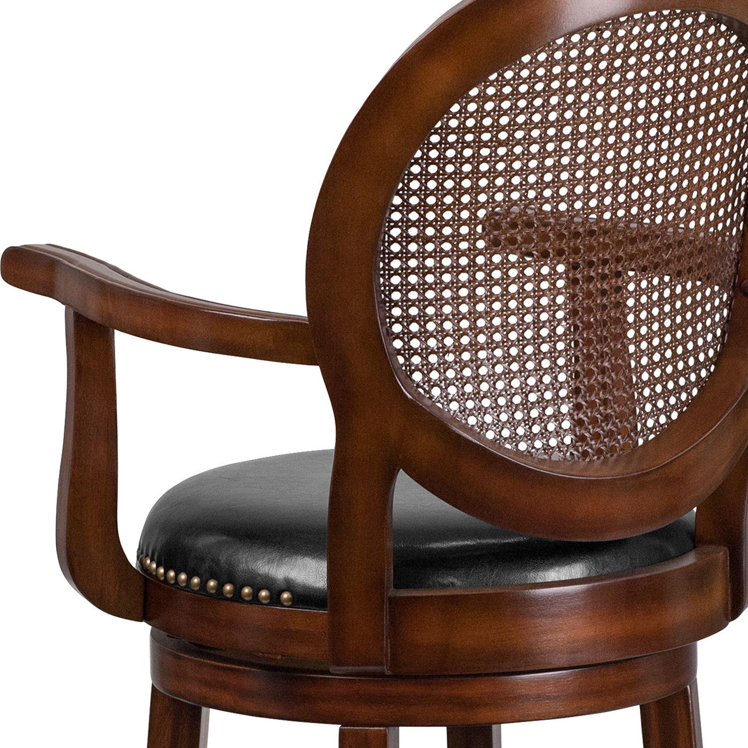 BLNK - Victor Expresso Wood Bar Stool with Arms, Woven Rattan Back and Black Swivel Seat