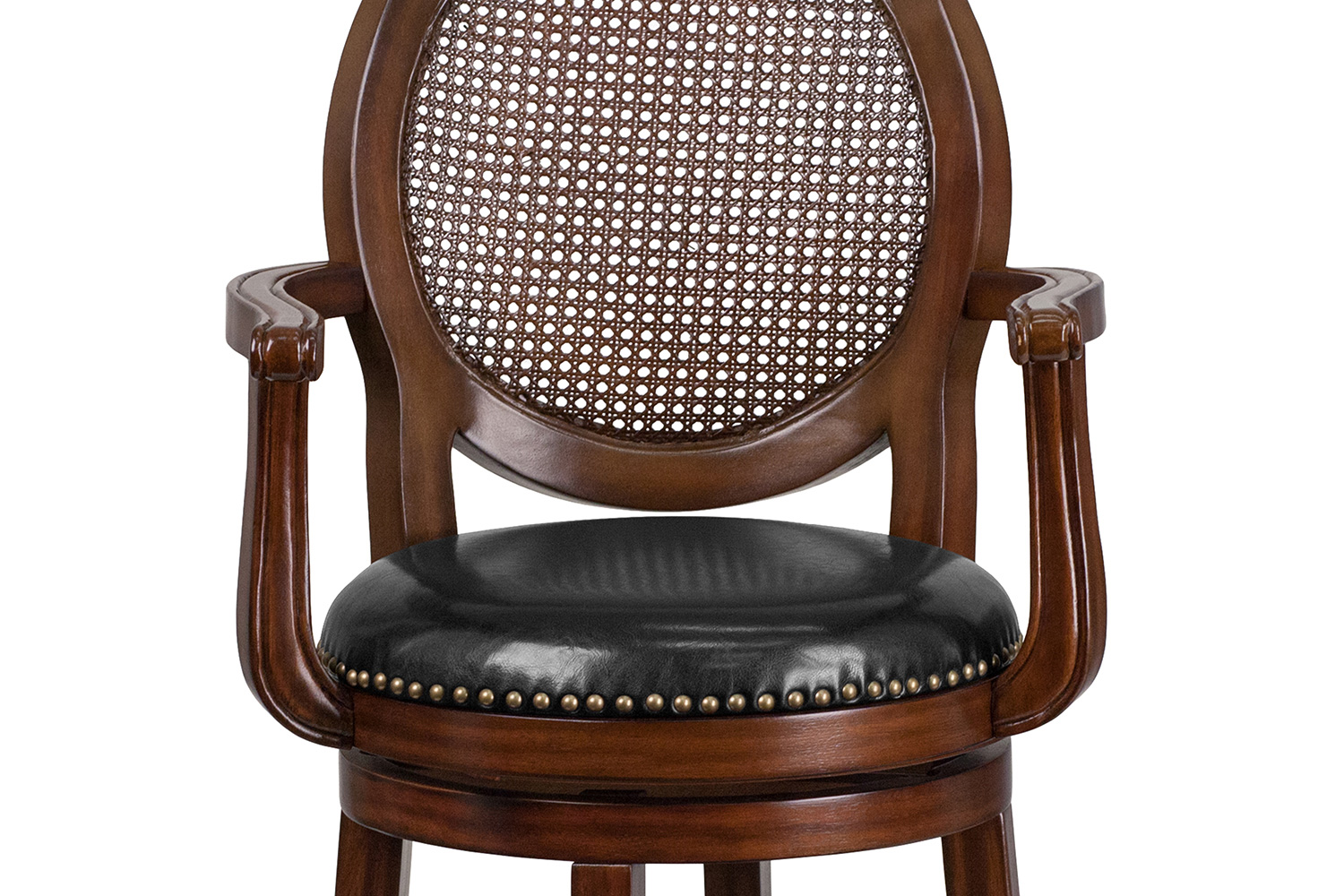 BLNK - Victor Expresso Wood Bar Stool with Arms, Woven Rattan Back and Black Swivel Seat