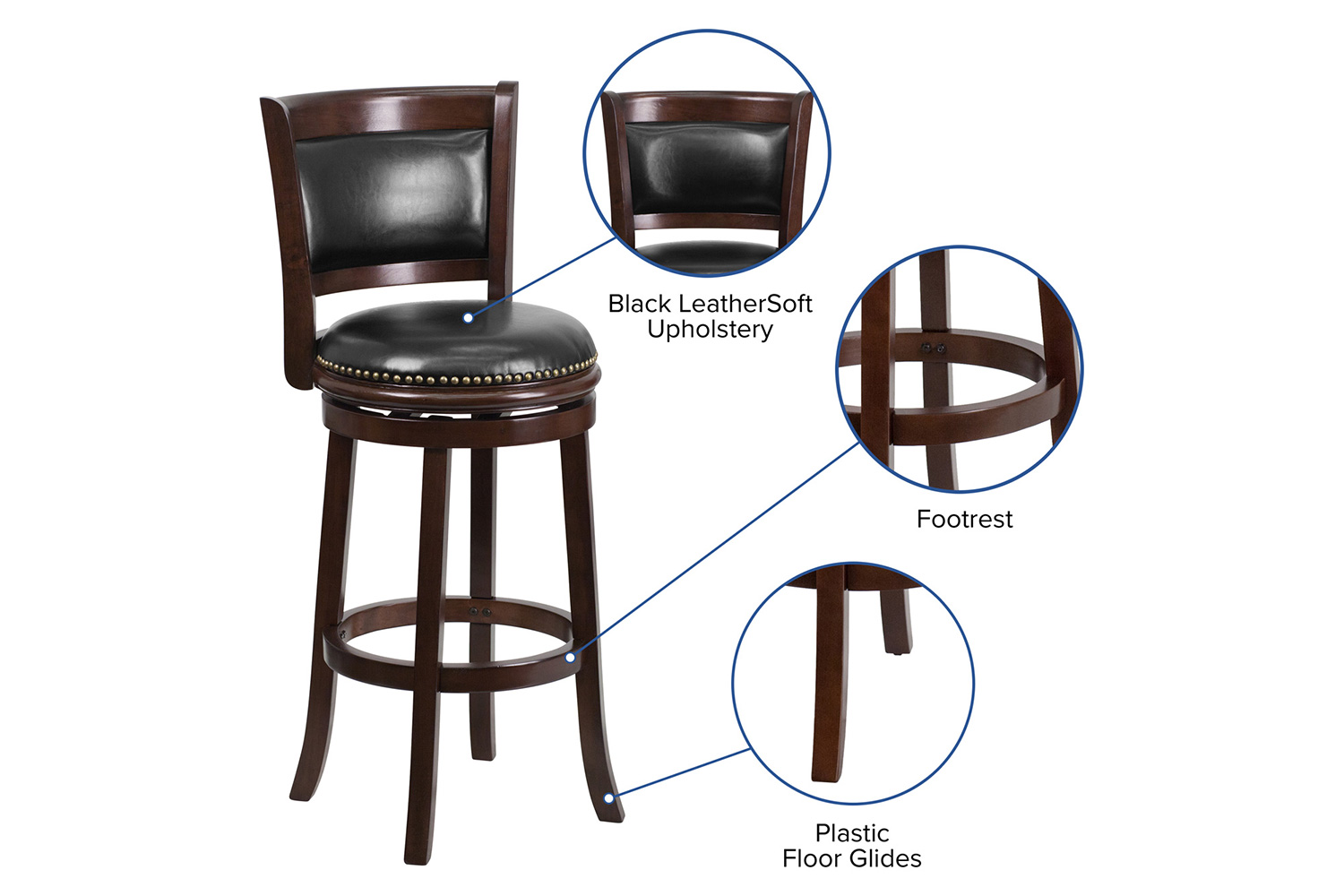 BLNK - Mark Cappuccino Wood Bar Stool with Panel Back and Black Swivel Seat