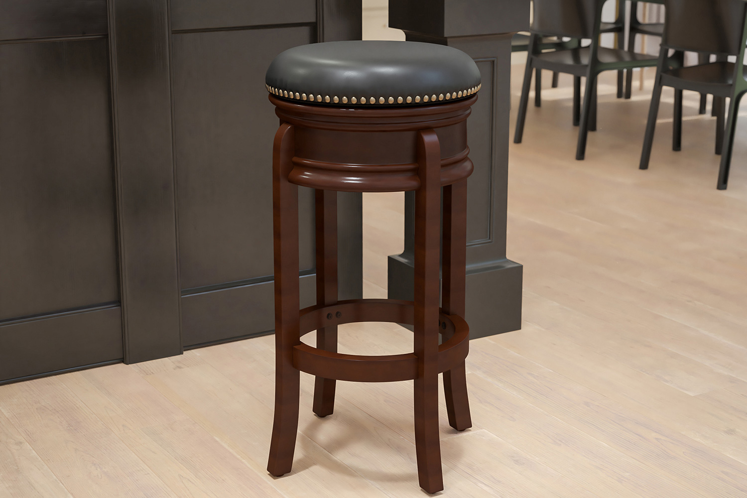 BLNK Carol Backless Wood Bar Stool with Carved Apron and Black Swivel Seat