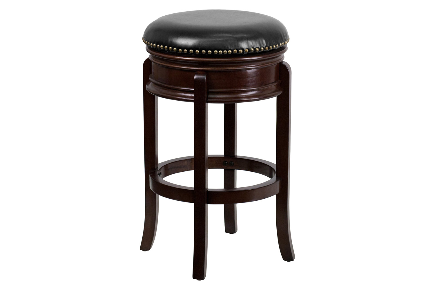 BLNK Carol Backless Wood Bar Stool with Carved Apron and Black Swivel Seat - Cappuccino