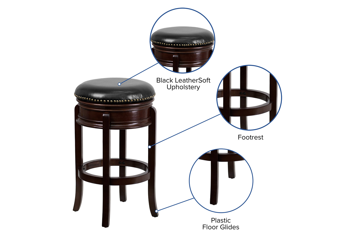 BLNK Carol Backless Wood Bar Stool with Carved Apron and Black Swivel Seat - Cappuccino