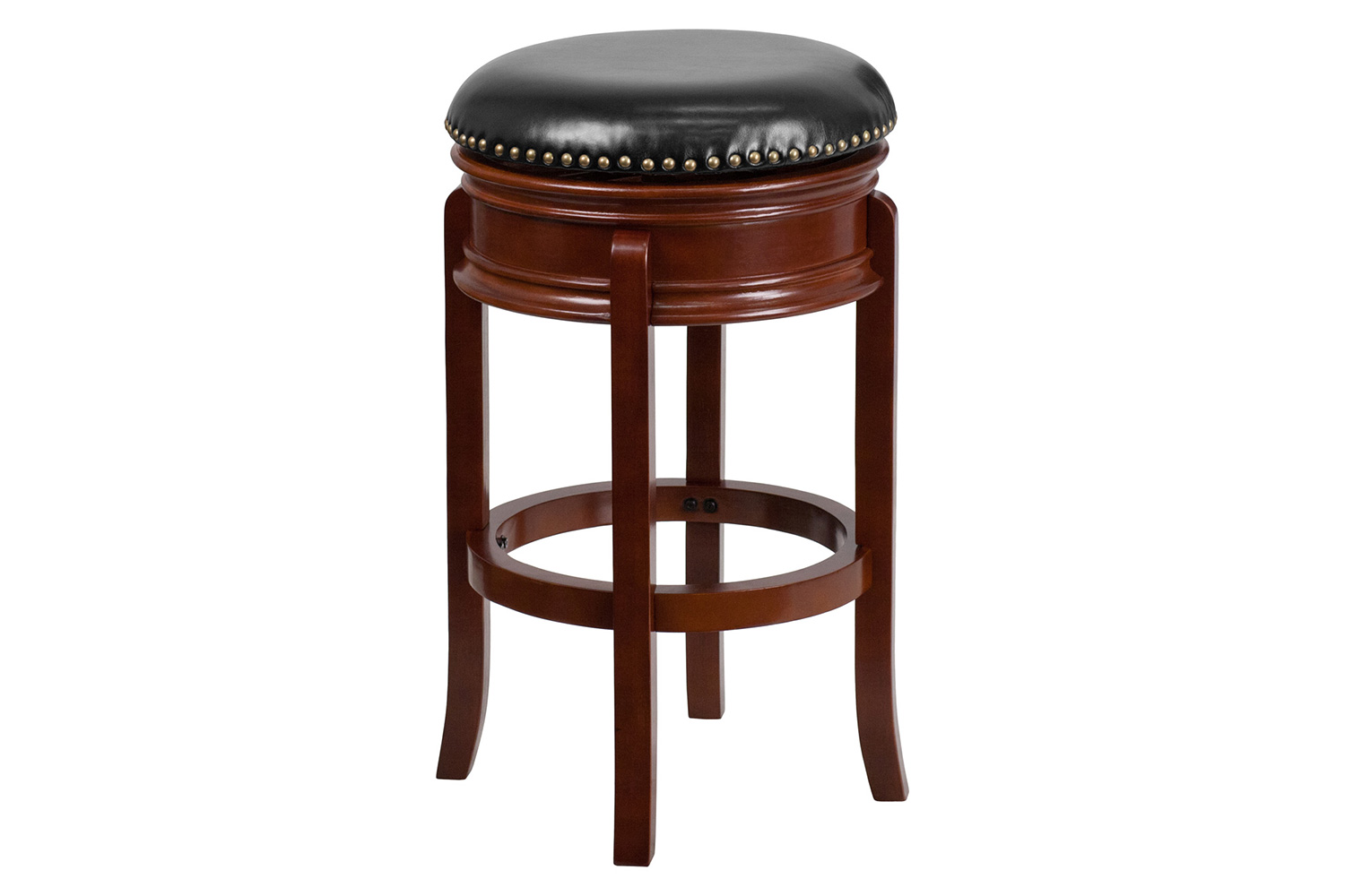 BLNK Carol Backless Wood Bar Stool with Carved Apron and Black Swivel Seat