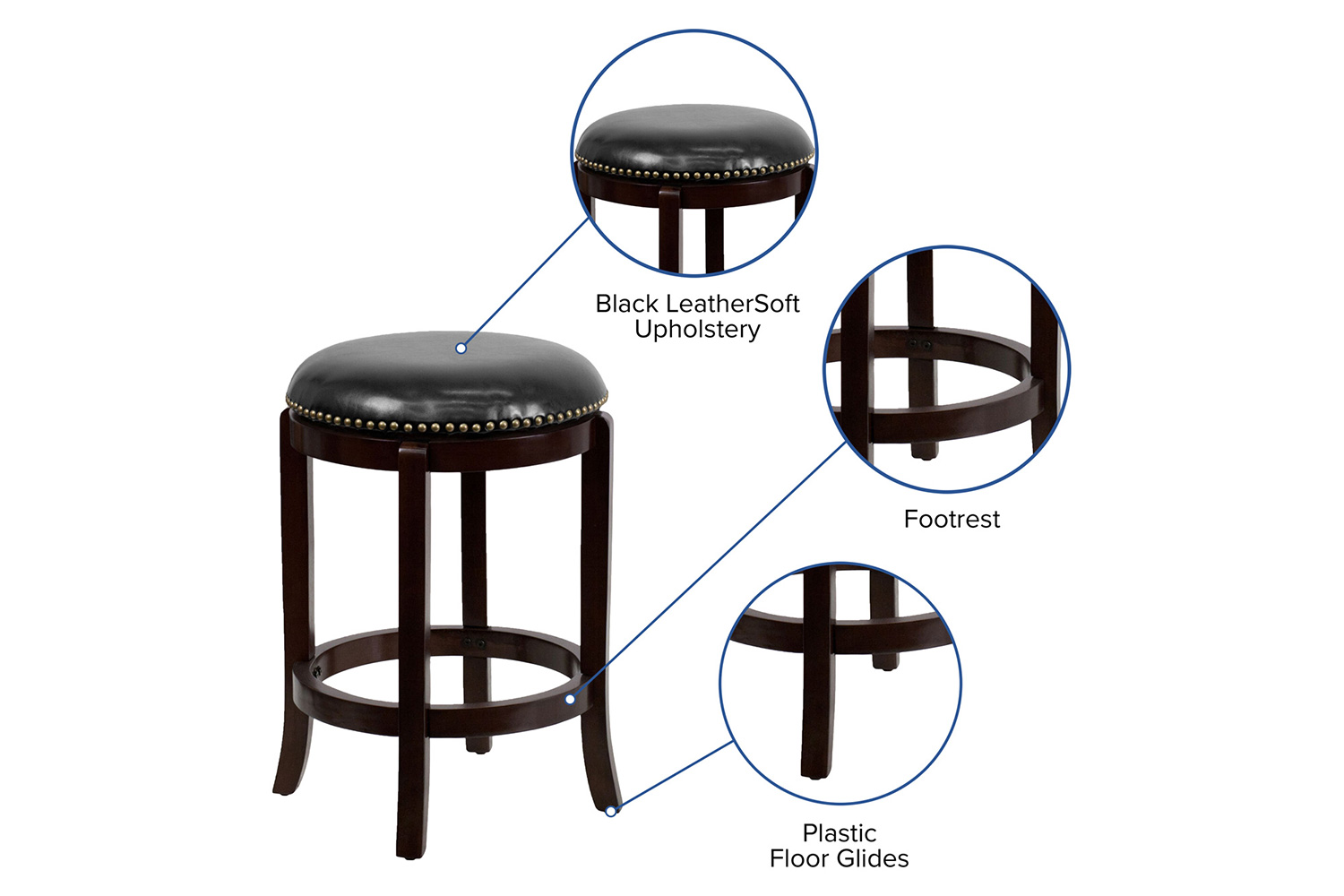 BLNK Margaret Wood Backless Counter Height Stool with Black Swivel Seat - Cappuccino