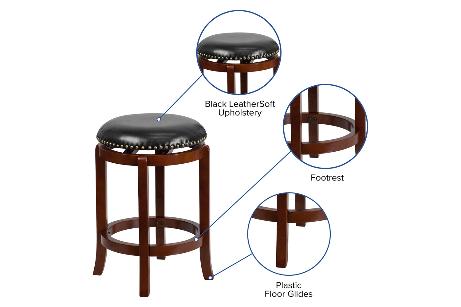 BLNK Margaret Wood Backless Counter Height Stool with Black Swivel Seat - Light Cherry