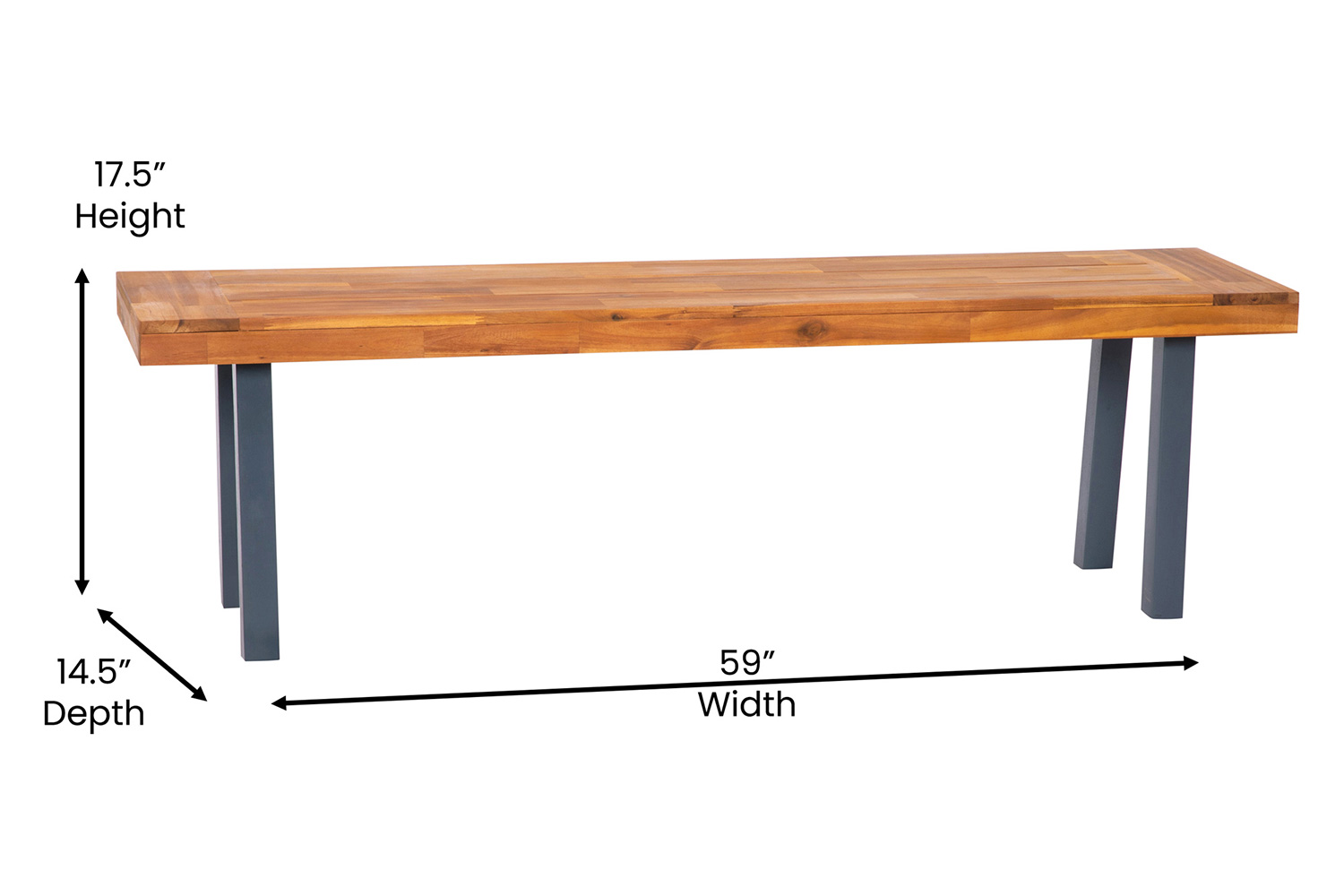 BLNK - Martindale Solid Acacia Wood Patio Dining Bench for 2 with Slatted Top and Black Flared Wooden Legs in a Natural Finish