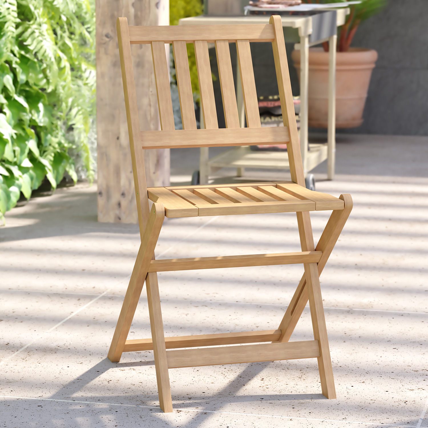 BLNK - Martindale Indoor-Outdoor Folding Acacia Wood Patio Bistro Chairs with X Base Frame and Slatted Back and Seat in Natural Finish Set of 2