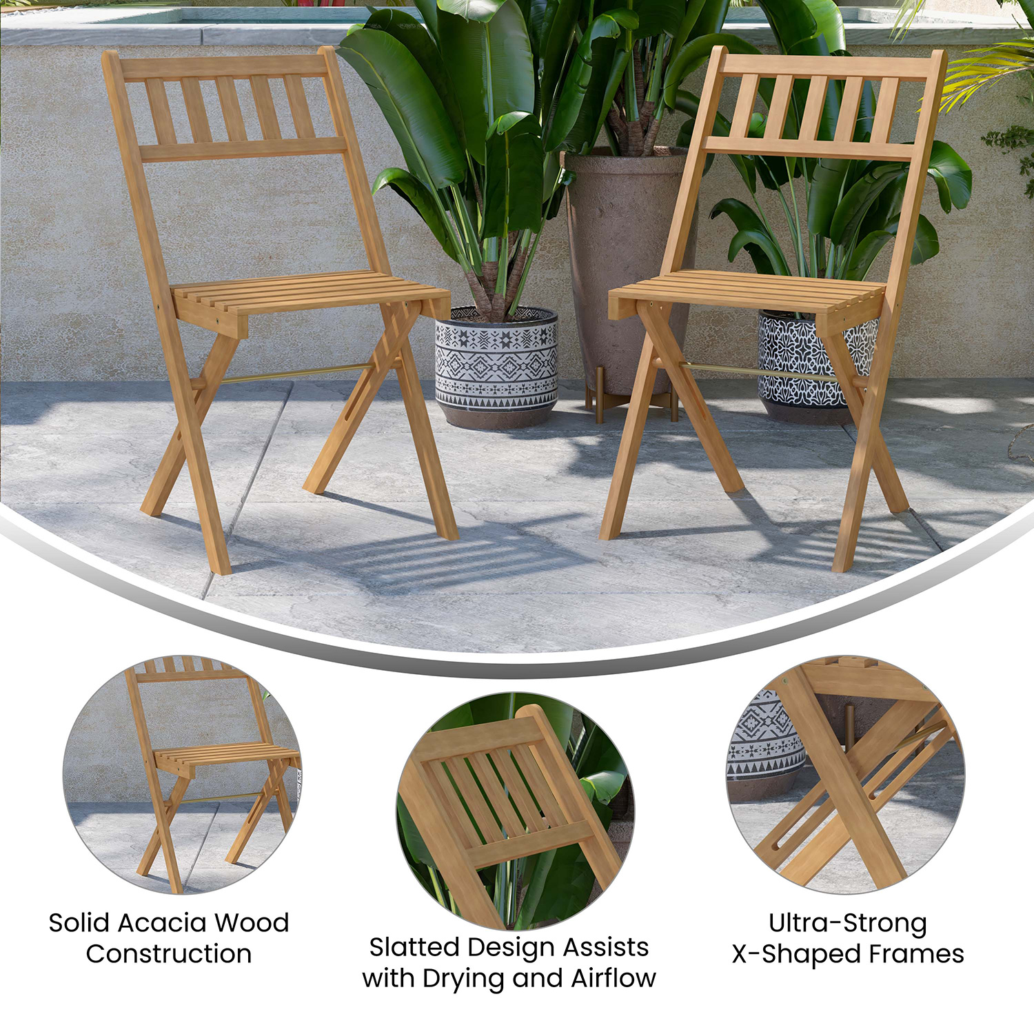 BLNK - Martindale Indoor-Outdoor Folding Acacia Wood Patio Bistro Chairs with X Base Frame and Slatted Back and Seat in Natural Finish Set of 2