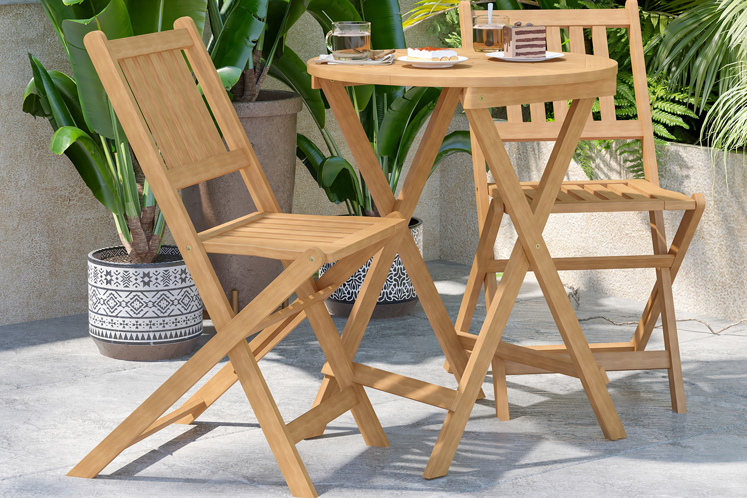 BLNK - Martindale Indoor-Outdoor Folding Patio Bistro Set, Indoor-Outdoor Acacia Round Wood Table and 2 Chair Set with Slatted Design, Natural Finish 3 Piece