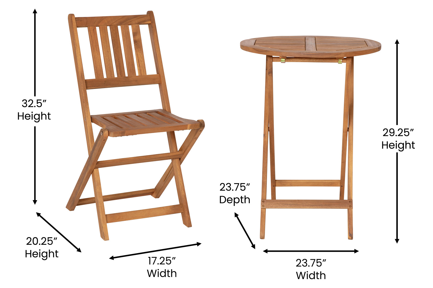 BLNK - Martindale Indoor-Outdoor Folding Patio Bistro Set, Indoor-Outdoor Acacia Round Wood Table and 2 Chair Set with Slatted Design, Natural Finish 3 Piece