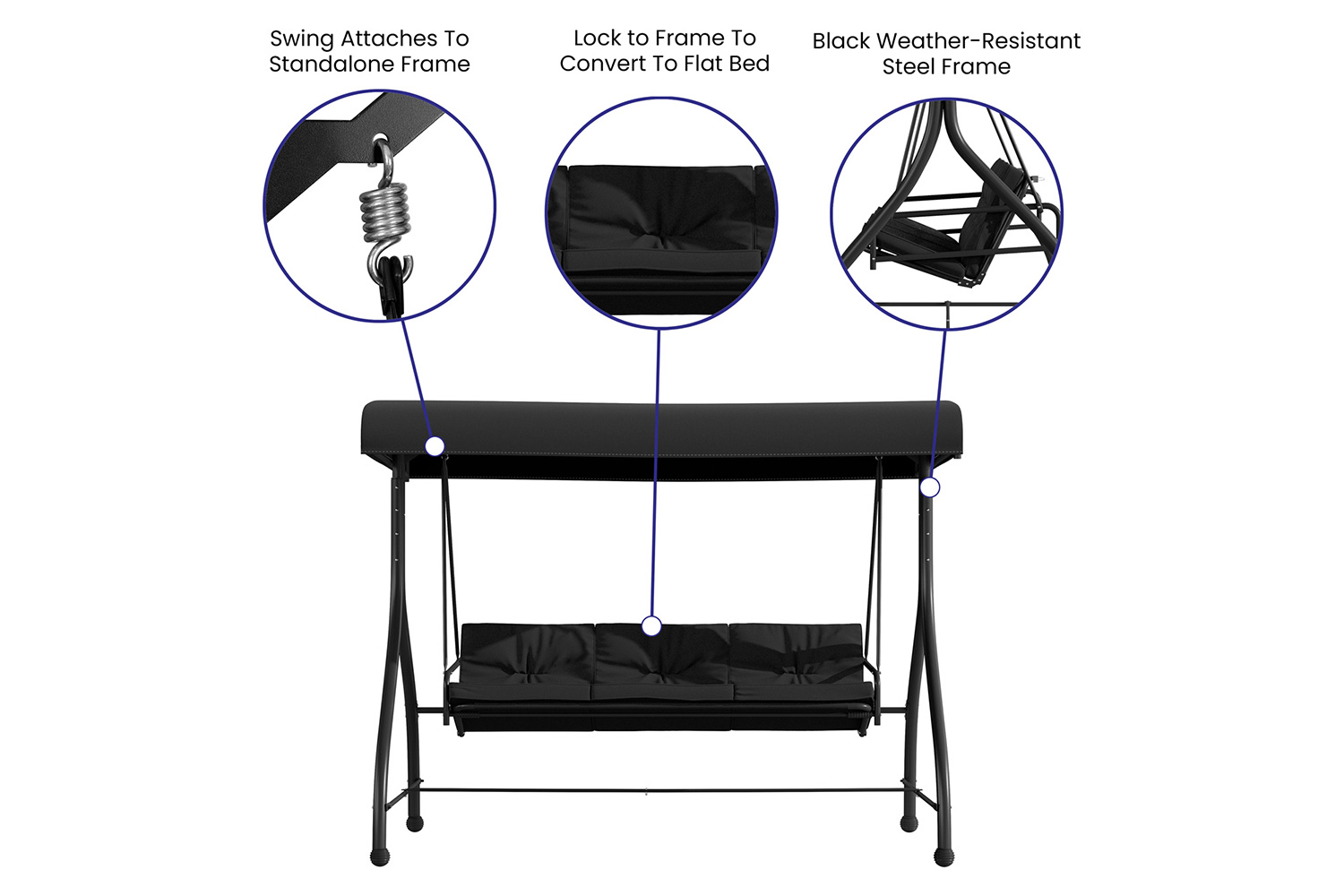 BLNK Tellis Outdoor Steel 3-Seat Converting Patio Swing Canopy Hammock with Cushions - Black