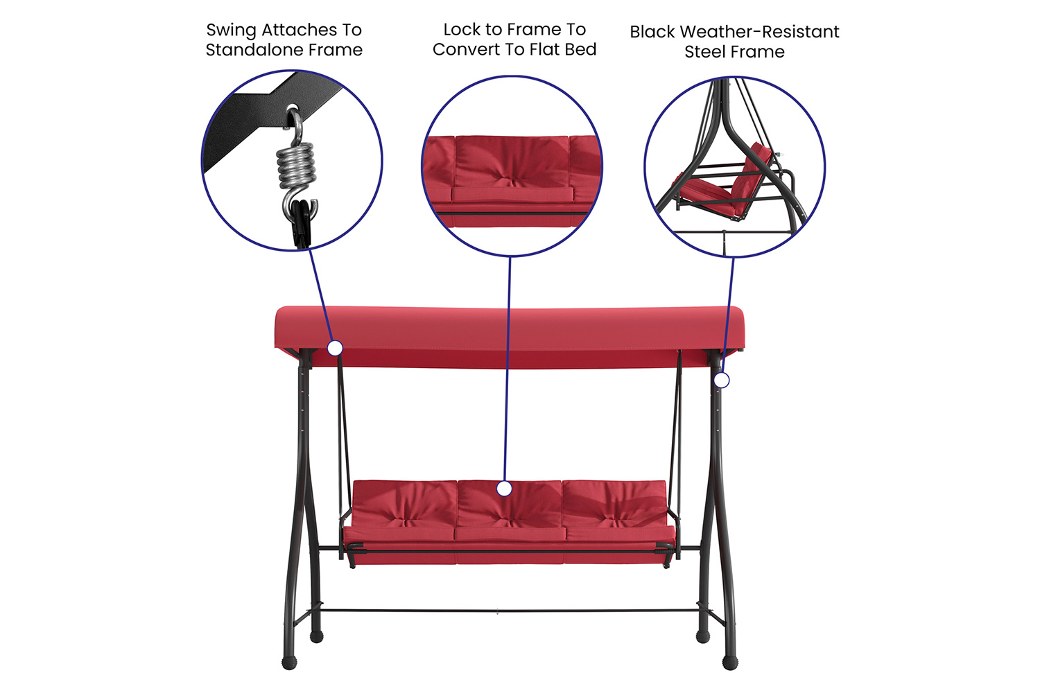 BLNK Tellis Outdoor Steel 3-Seat Converting Patio Swing Canopy Hammock with Cushions - Maroon