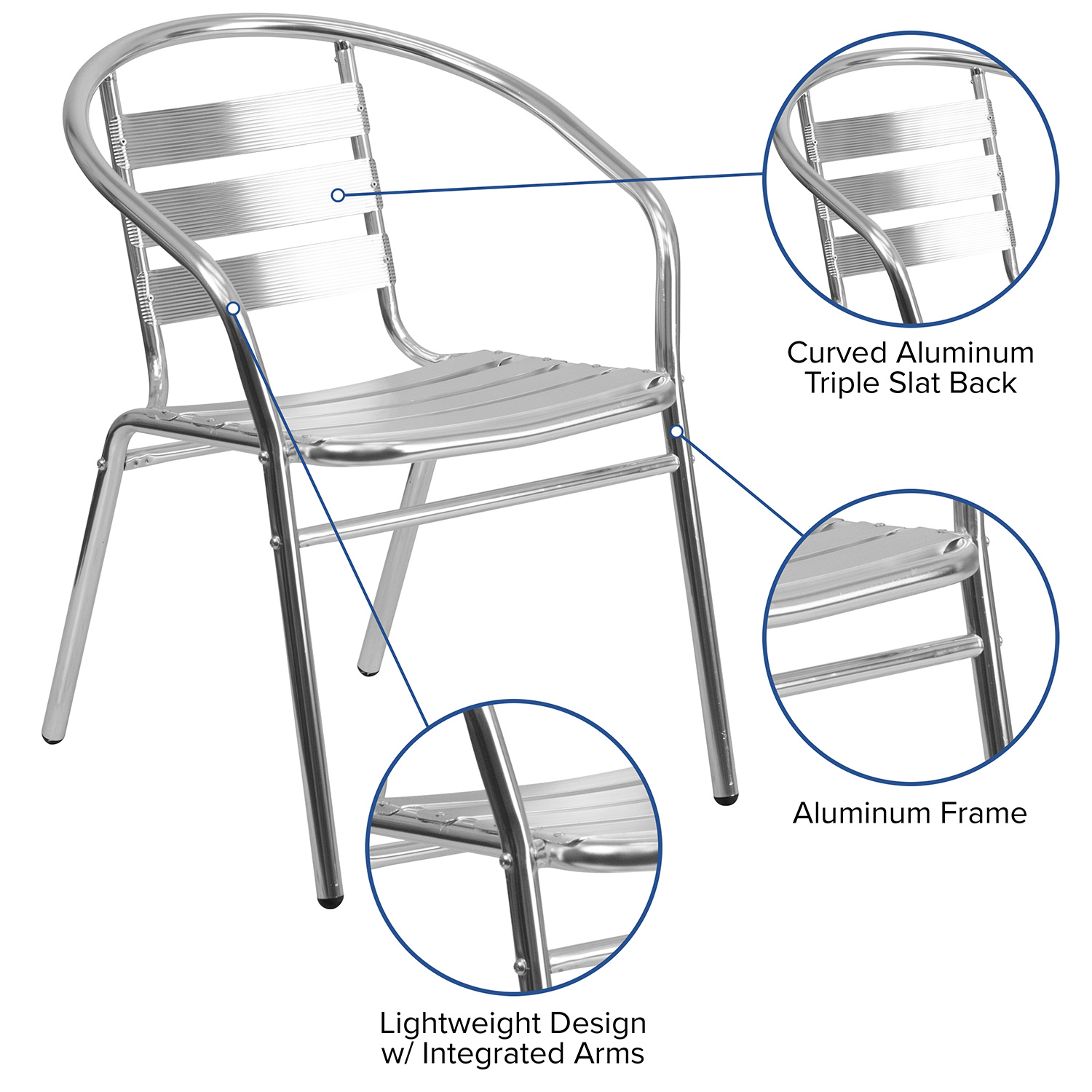 BLNK - Lila Commercial Aluminum Indoor-Outdoor Restaurant Stack Chair with Triple Slat Back and Arms