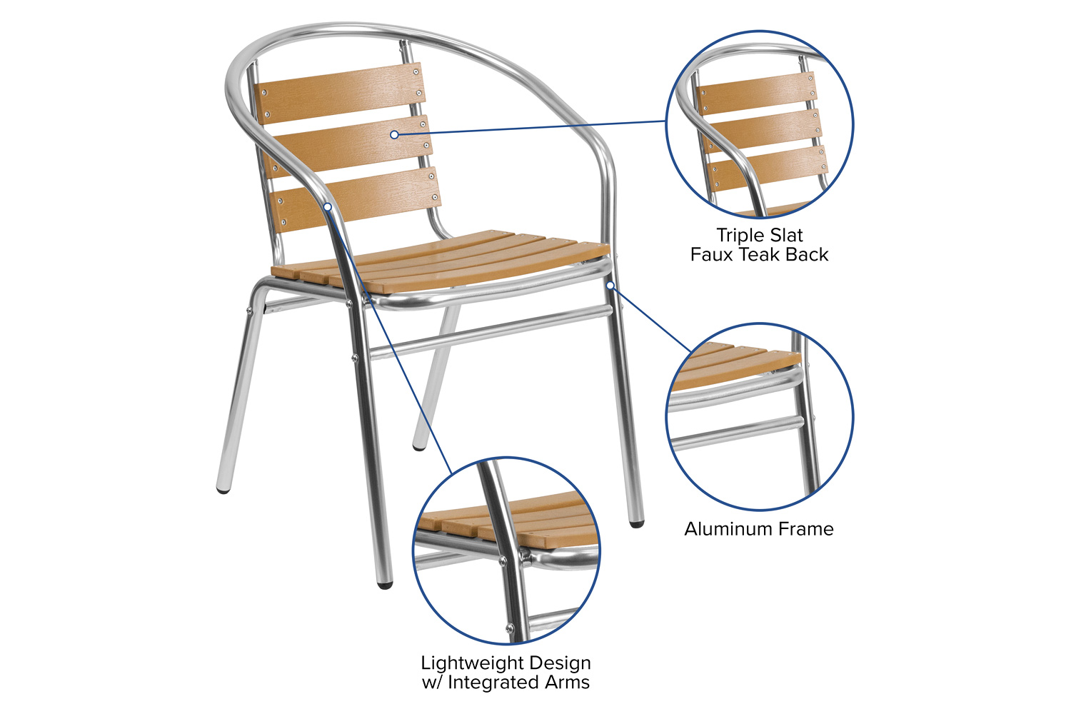 BLNK - Lila Commercial Aluminum Indoor-Outdoor Restaurant Stack Chair with Triple Slat Faux Teak Back