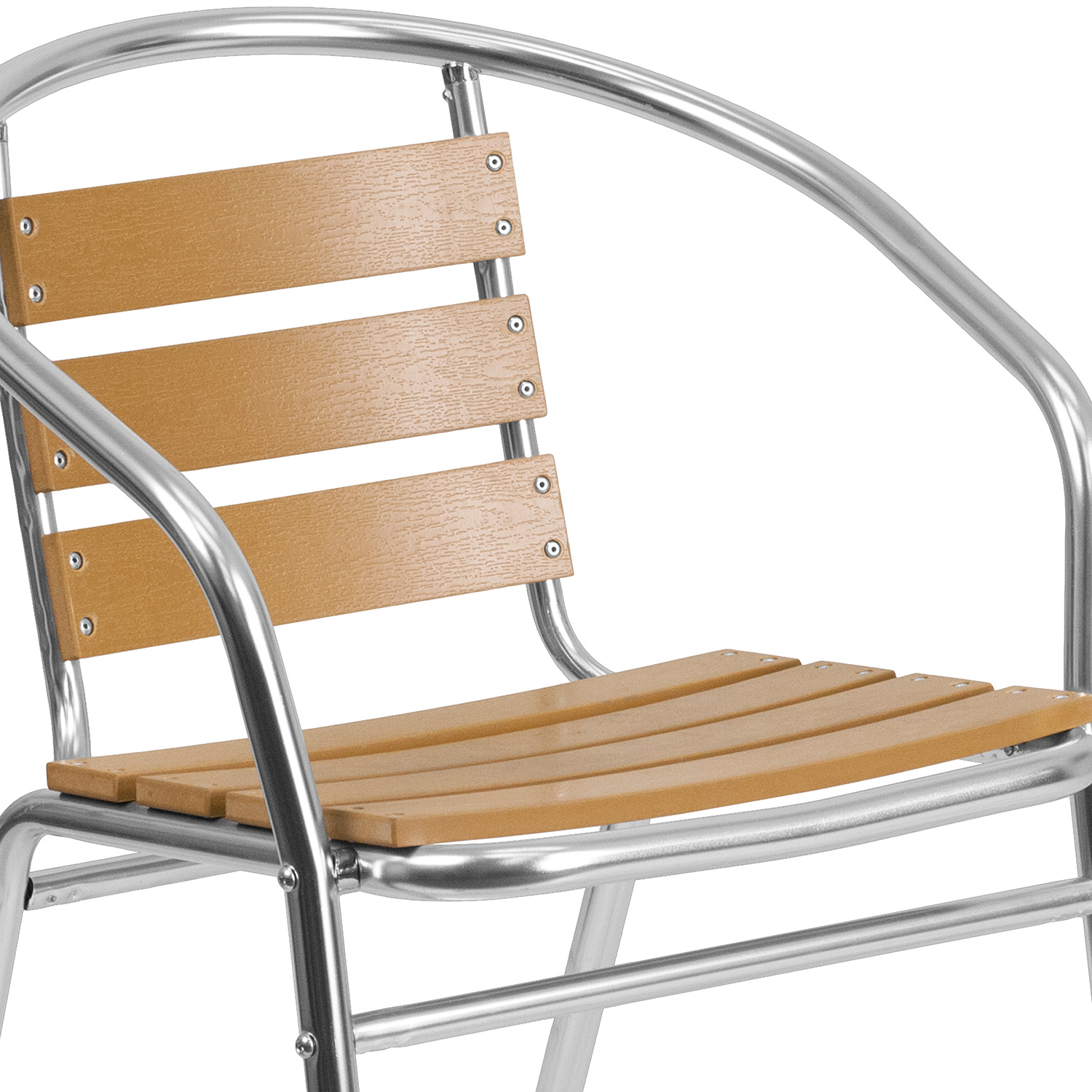 BLNK - Lila Commercial Aluminum Indoor-Outdoor Restaurant Stack Chair with Triple Slat Faux Teak Back