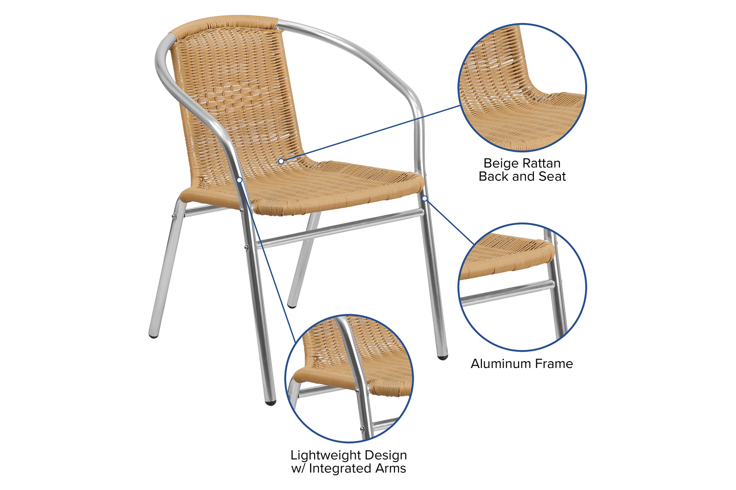 BLNK Lila Commercial Aluminum Rattan Indoor-Outdoor Restaurant Stack Chair - Beige