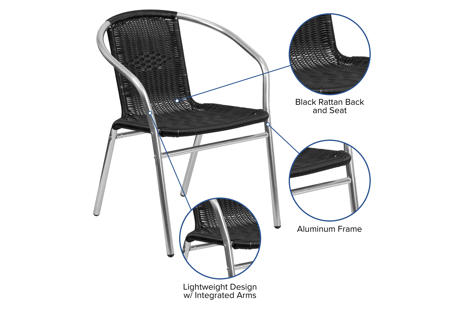 BLNK Lila Commercial Aluminum Rattan Indoor-Outdoor Restaurant Stack Chair - Black