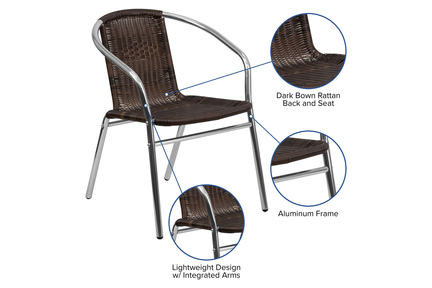 BLNK Lila Commercial Aluminum Rattan Indoor-Outdoor Restaurant Stack Chair - Dark Brown