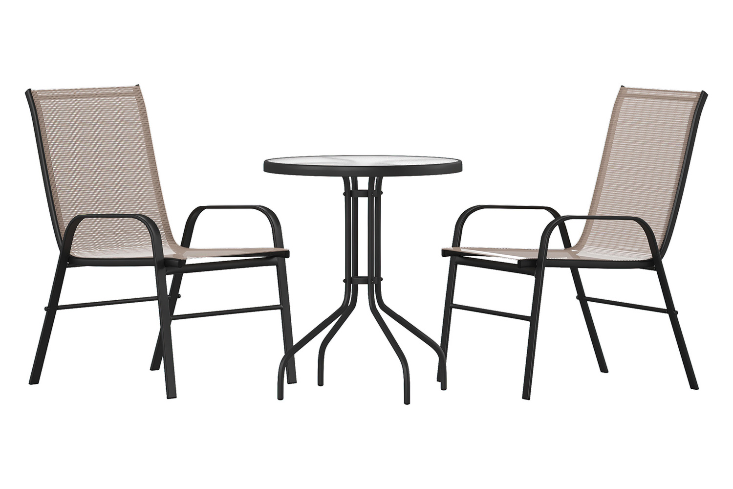 BLNK Brazos Outdoor Patio Dining Set with Round Tempered Glass Patio Table and 2 Flex Comfort Stack Chairs 3 Piece