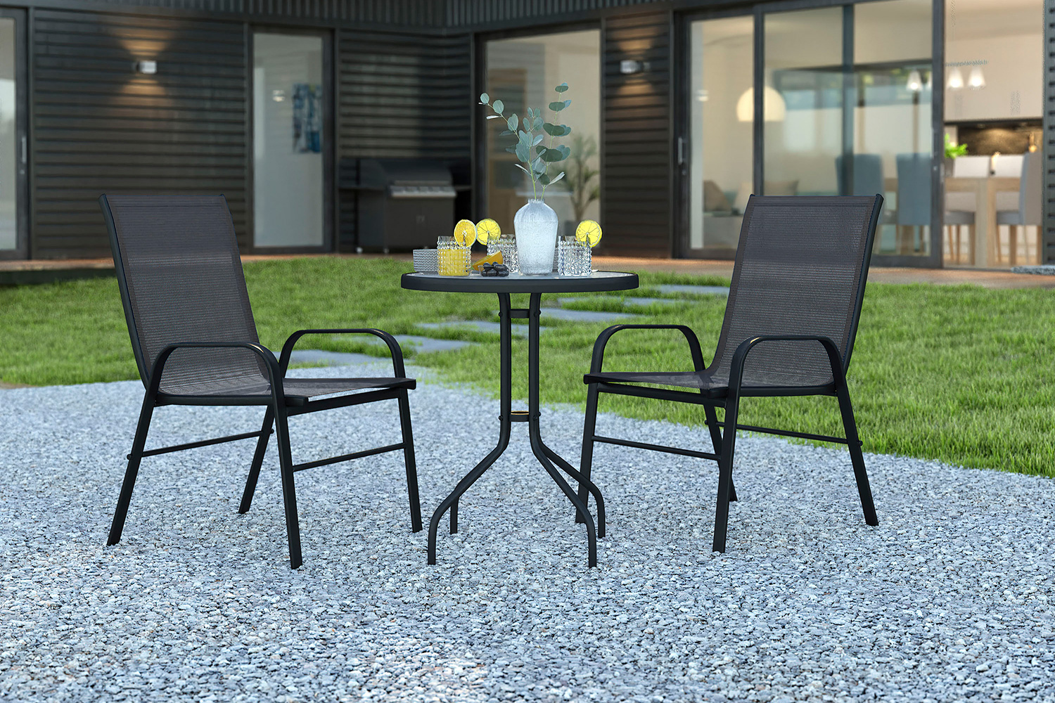 BLNK Brazos Outdoor Patio Dining Set with Round Tempered Glass Patio Table and 2 Flex Comfort Stack Chairs 3 Piece