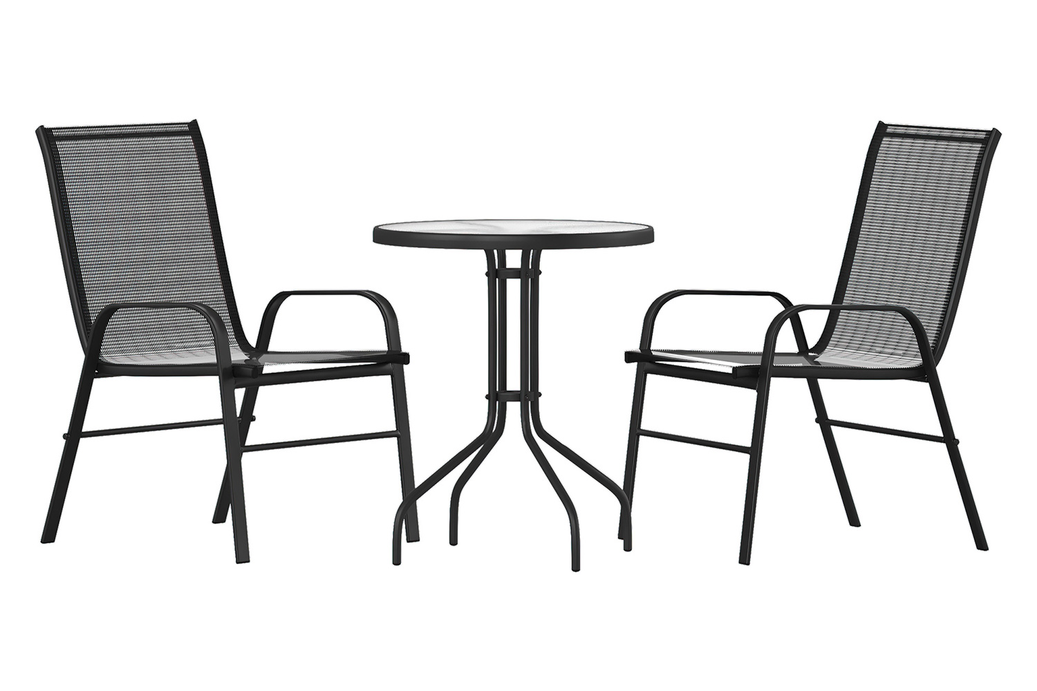 BLNK Brazos Outdoor Patio Dining Set with Round Tempered Glass Patio Table and 2 Flex Comfort Stack Chairs 3 Piece - Black