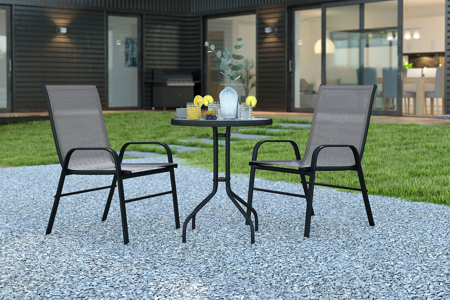 BLNK Brazos Outdoor Patio Dining Set with Round Tempered Glass Patio Table and 2 Flex Comfort Stack Chairs 3 Piece