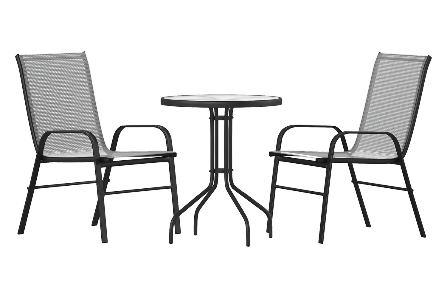 BLNK Brazos Outdoor Patio Dining Set with Round Tempered Glass Patio Table and 2 Flex Comfort Stack Chairs 3 Piece - Gray