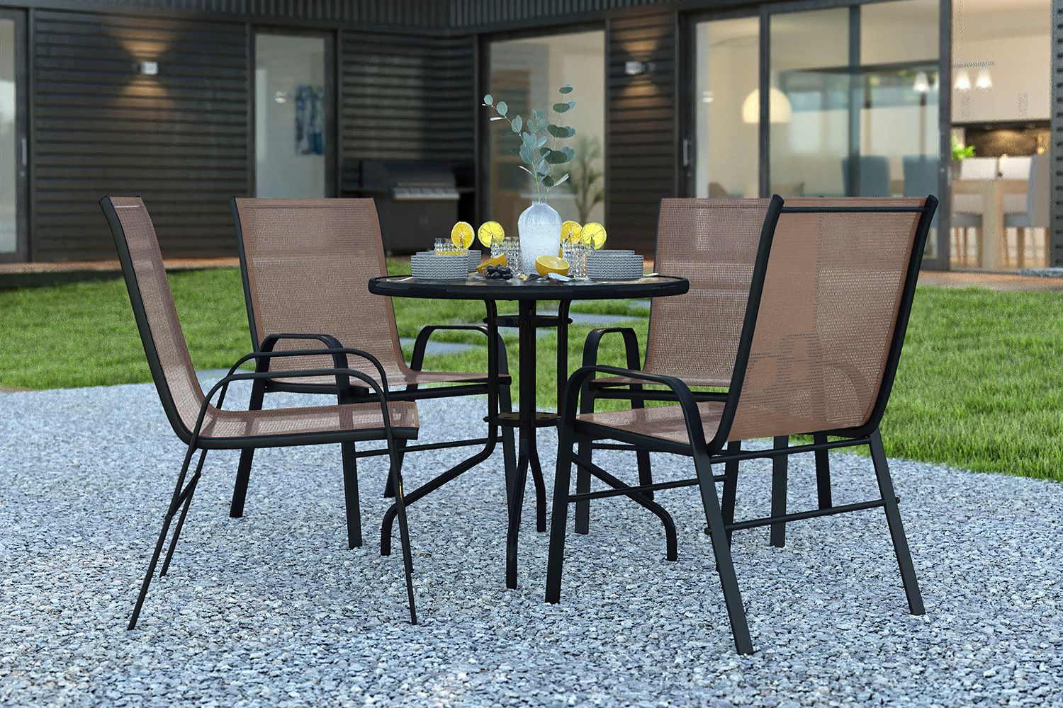 BLNK Brazos Outdoor Patio Dining Set with Round Tempered Glass Patio Table and 4 Flex Comfort Stack Chairs 5 Piece