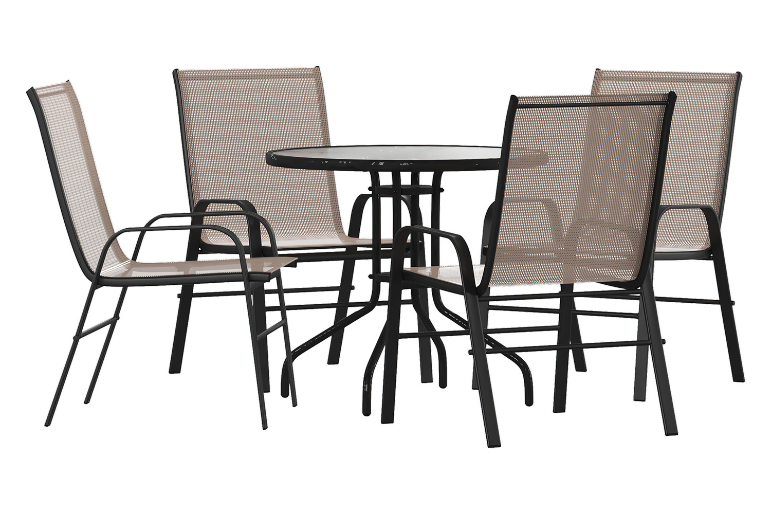 BLNK Brazos Outdoor Patio Dining Set with Round Tempered Glass Patio Table and 4 Flex Comfort Stack Chairs 5 Piece - Brown