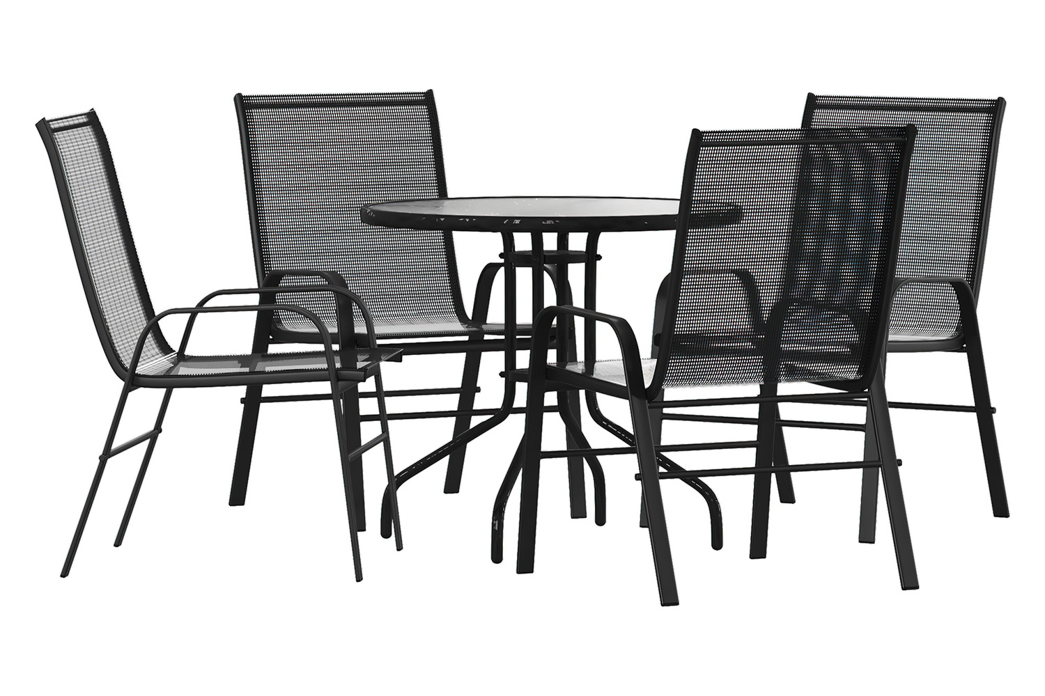 BLNK Brazos Outdoor Patio Dining Set with Round Tempered Glass Patio Table and 4 Flex Comfort Stack Chairs 5 Piece