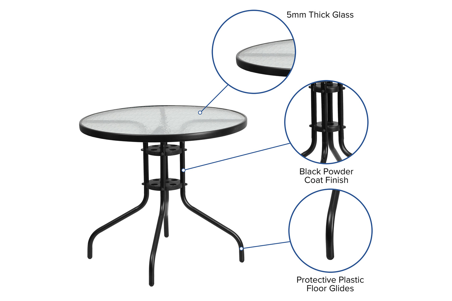 BLNK Brazos Outdoor Patio Dining Set with Round Tempered Glass Patio Table and 4 Flex Comfort Stack Chairs 5 Piece - Black