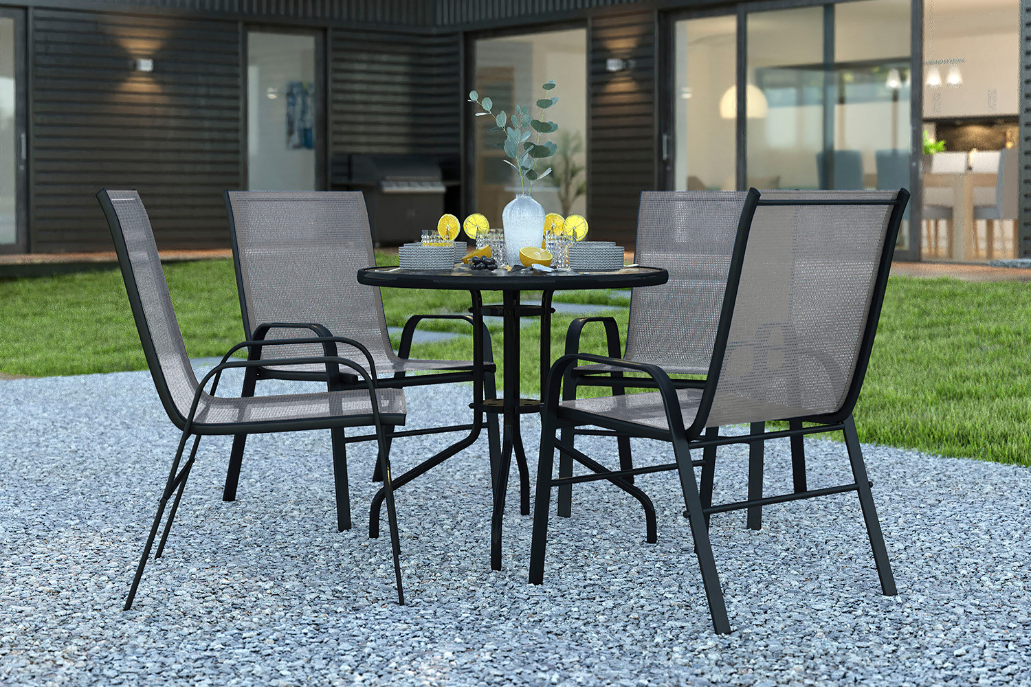 BLNK Brazos Outdoor Patio Dining Set with Round Tempered Glass Patio Table and 4 Flex Comfort Stack Chairs 5 Piece