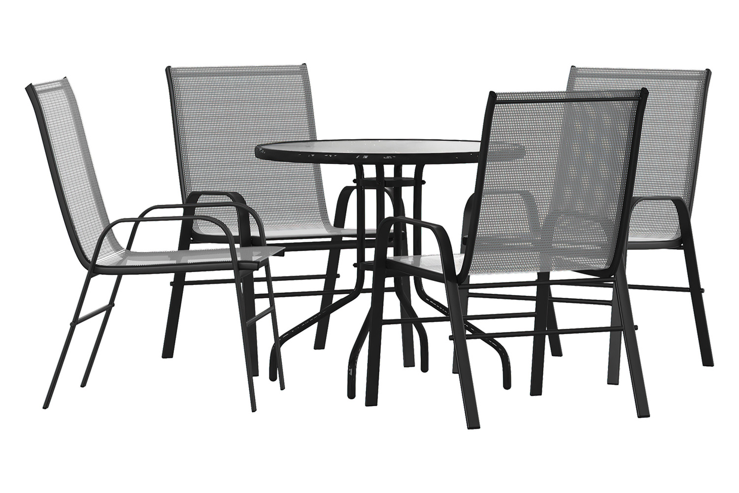 BLNK Brazos Outdoor Patio Dining Set with Round Tempered Glass Patio Table and 4 Flex Comfort Stack Chairs 5 Piece - Gray