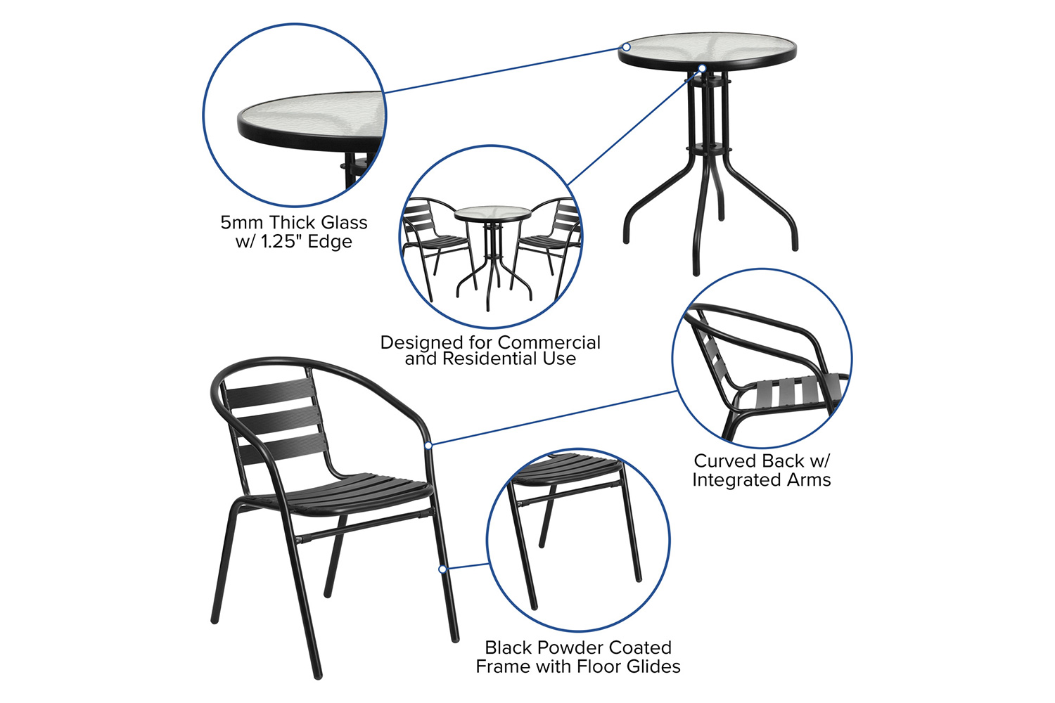 BLNK - Lila Round Table with 2 Black Metal Aluminum Slat Stack Chairs