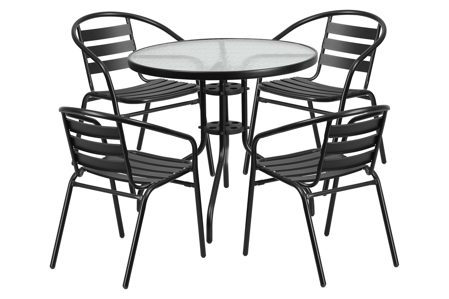 BLNK - Lila Round Table with 4 Black Metal Aluminum Slat Stack Chairs