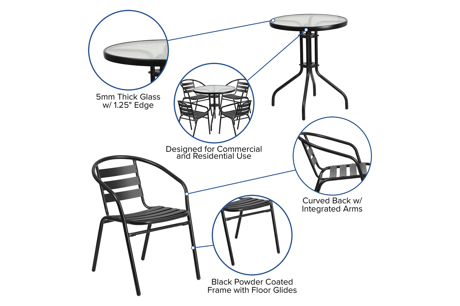 BLNK - Lila Round Table with 4 Black Metal Aluminum Slat Stack Chairs