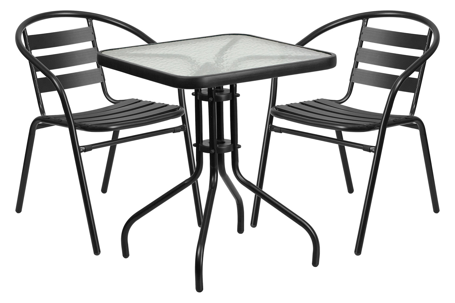 BLNK - Lila Square Table with 2 Black Metal Aluminum Slat Stack Chairs