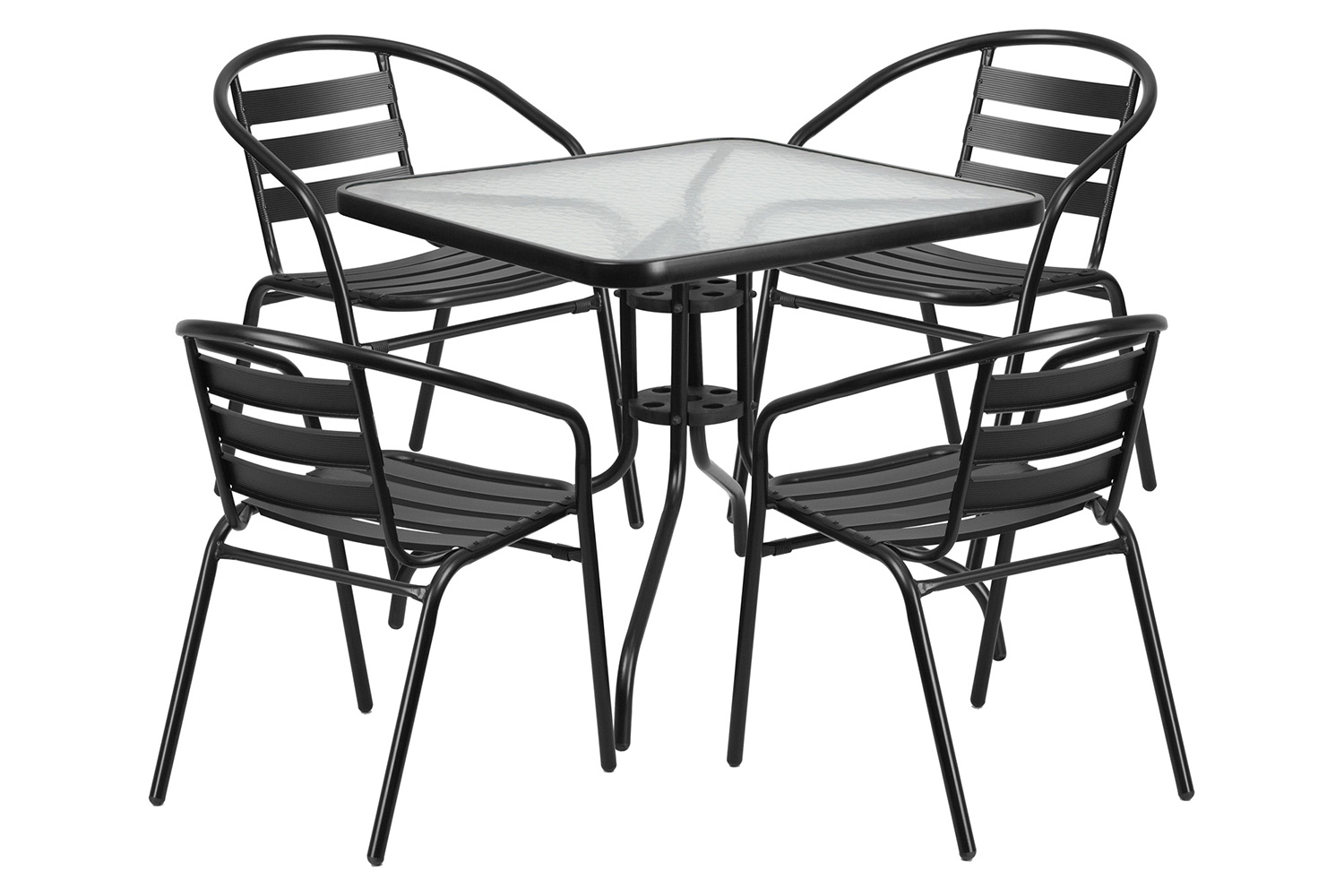 BLNK - Lila Square Table with 4 Black Metal Aluminum Slat Stack Chairs