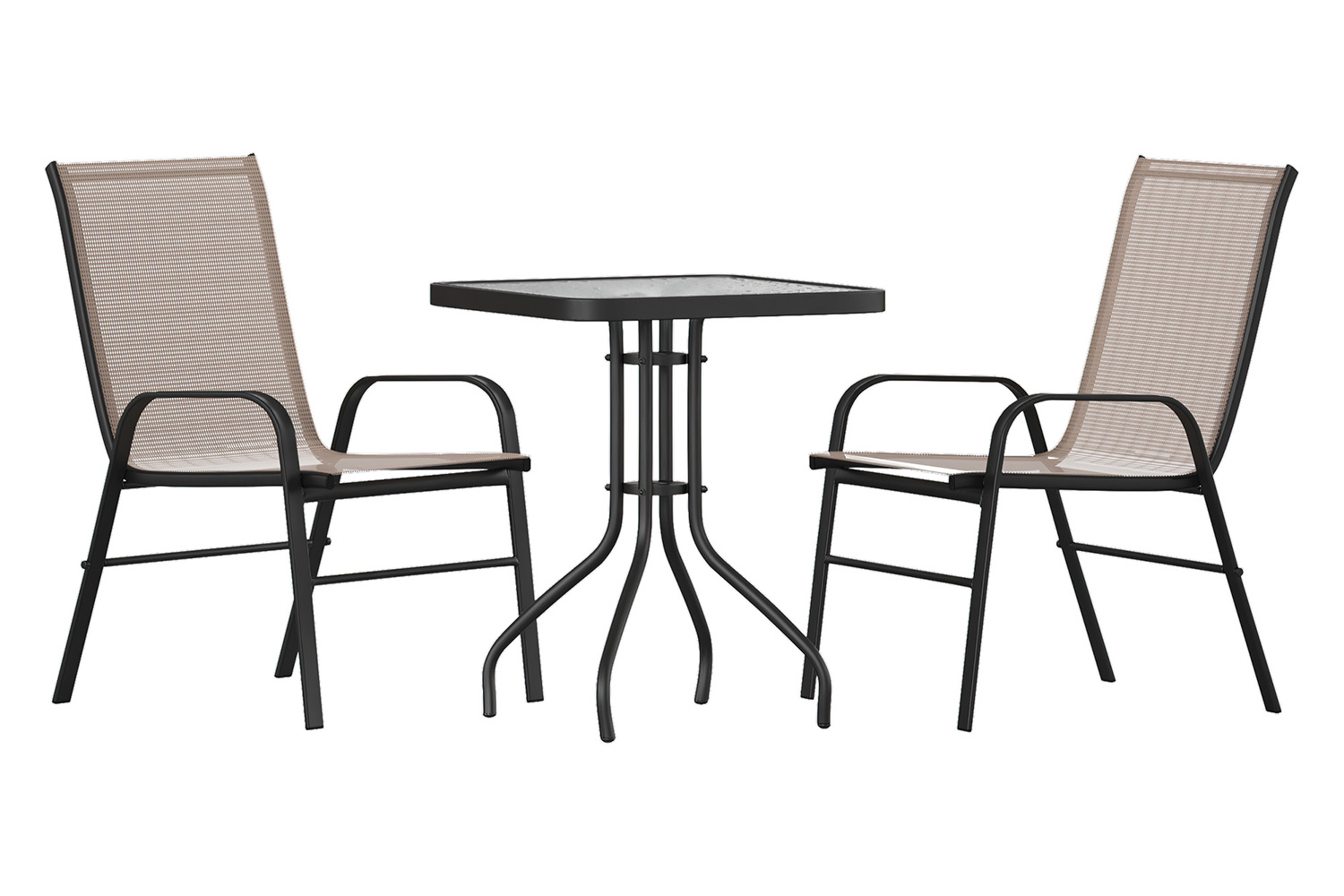 BLNK Brazos Outdoor Patio Dining Set with Square Tempered Glass Patio Table and 2 Flex Comfort Stack Chairs 3 Piece - Brown