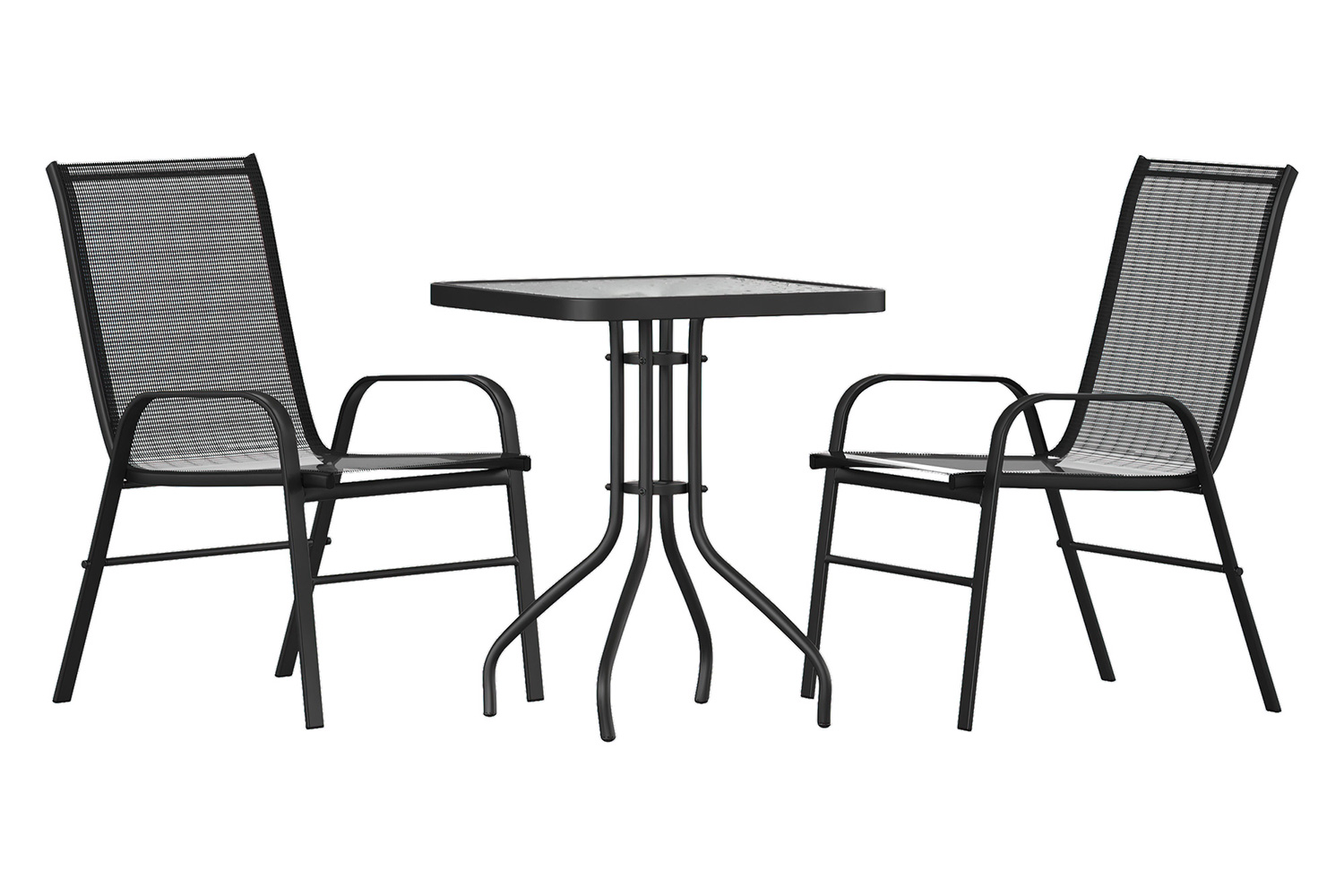 BLNK Brazos Outdoor Patio Dining Set with Square Tempered Glass Patio Table and 2 Flex Comfort Stack Chairs 3 Piece