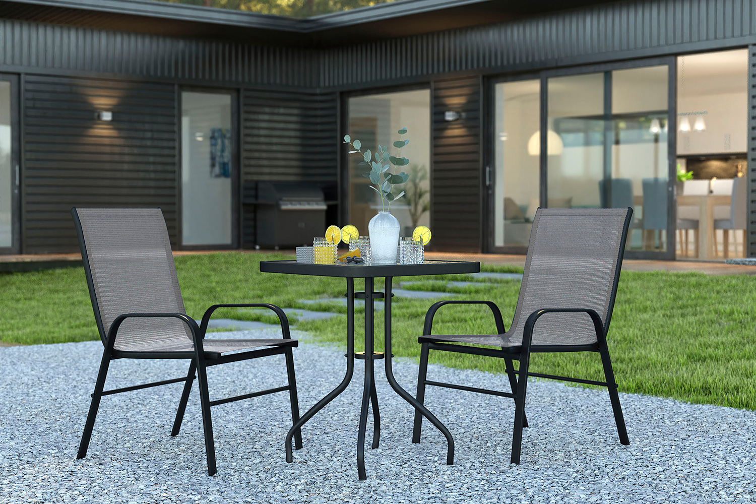 BLNK Brazos Outdoor Patio Dining Set with Square Tempered Glass Patio Table and 2 Flex Comfort Stack Chairs 3 Piece