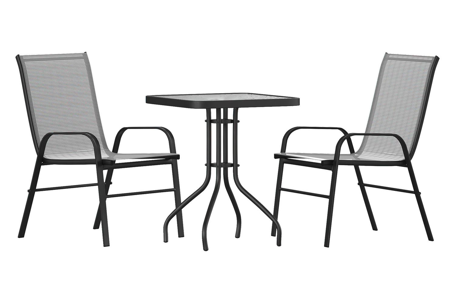 BLNK Brazos Outdoor Patio Dining Set with Square Tempered Glass Patio Table and 2 Flex Comfort Stack Chairs 3 Piece - Gray