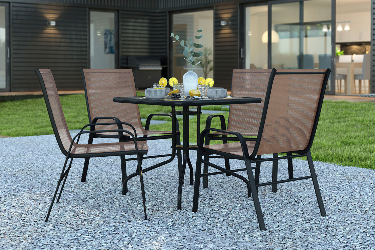 BLNK Brazos Outdoor Patio Dining Set with Square Tempered Glass Patio Table and 4 Flex Comfort Stack Chairs 5 Piece